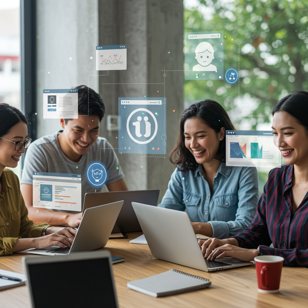 Small business owners using laptops with WordPress dashboards and AI assistant icons, representing easy onboarding and AI integration for website management