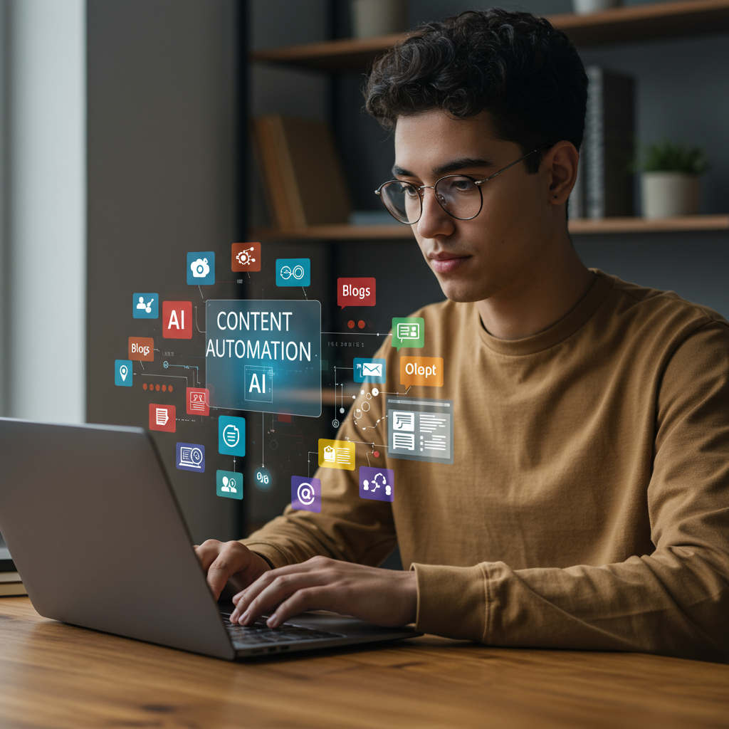 A small business owner using AI-powered content automation tools on a laptop, surrounded by icons representing blogs, product descriptions, and marketing copy, symbolising efficiency and scalability for SMEs