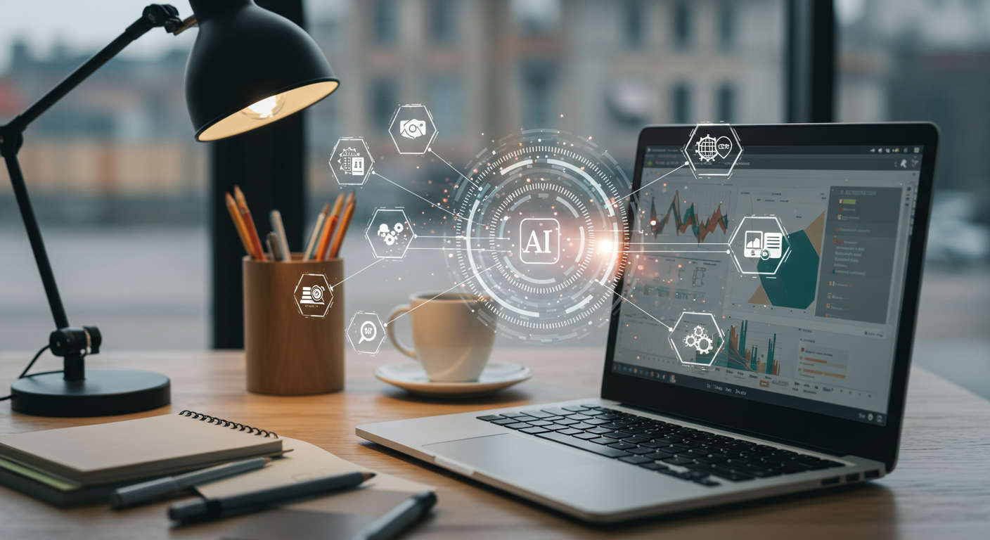 Modern small business office with laptop showing WordPress dashboard and digital icons for AI, automation, SEO, and content creation representing AI-driven daily SEO blog post automation for SMB growth