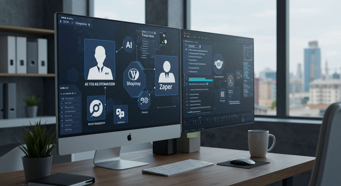 Modern workspace with multiple screens displaying AI automation workflows integrating Agents24x7, WordPress, Shopify, Zapier, and n8n, symbolising business efficiency and technology for SMBs and startups.