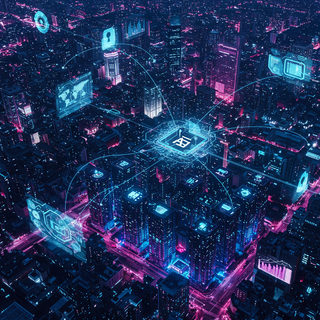 A futuristic cityscape with AI infrastructure elements like servers, data centres, and network connections symbolising AI infrastructure companies