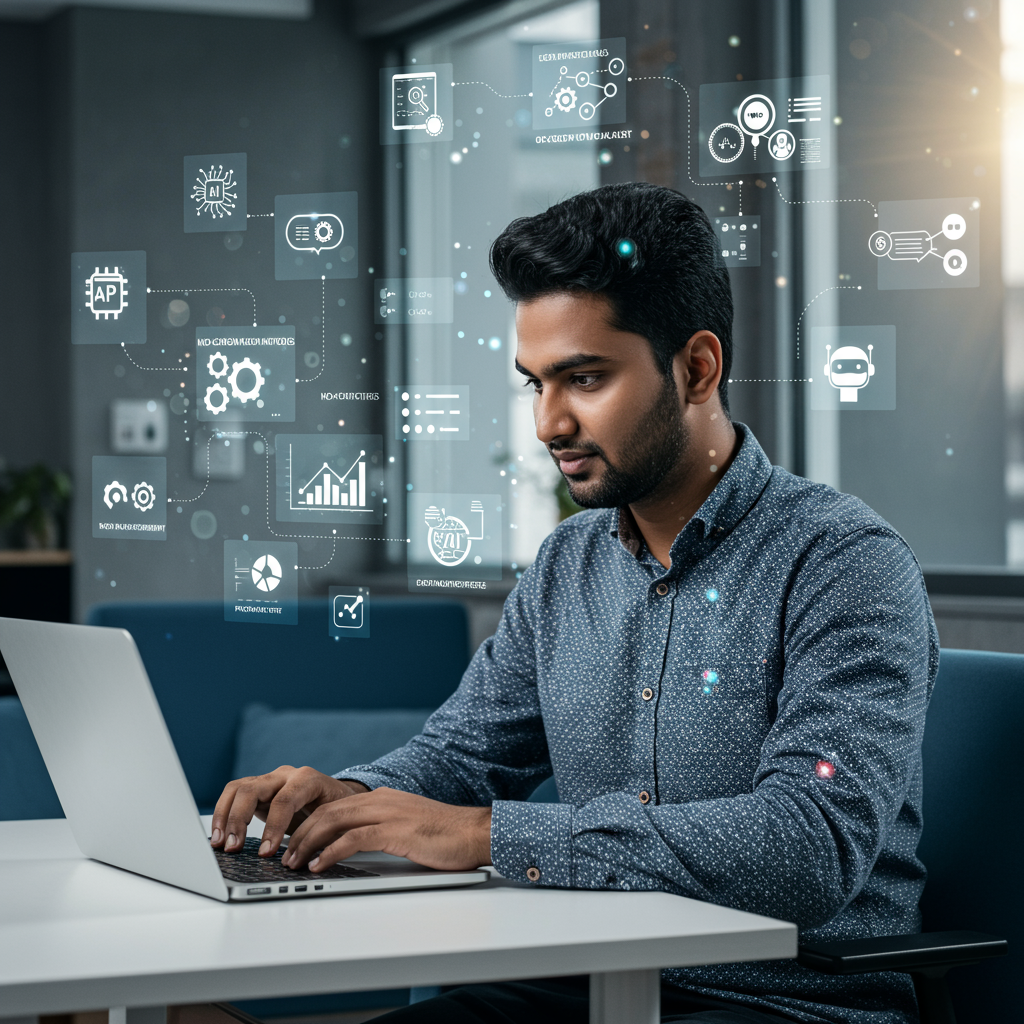 A small business owner using no-code AI automation tools on a laptop, surrounded by icons representing AI, automation, and productivity, in a modern office setting