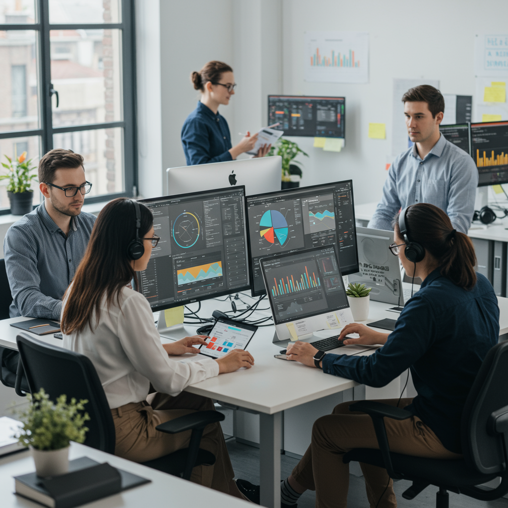 An SME marketing team analysing customer engagement data with AI-driven segmentation and personalised marketing campaigns on multiple digital platforms like email, social media, and CRM