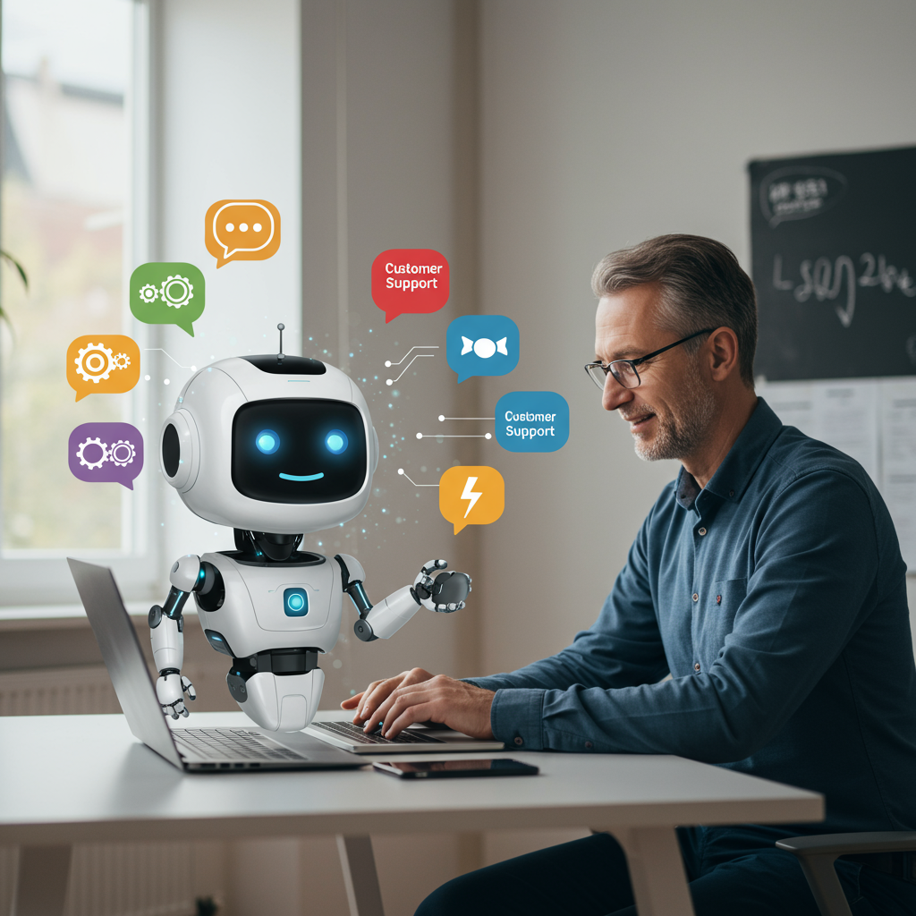 A friendly AI chatbot assisting a small business owner in an office setting, with icons representing automation, customer support, and efficiency around them