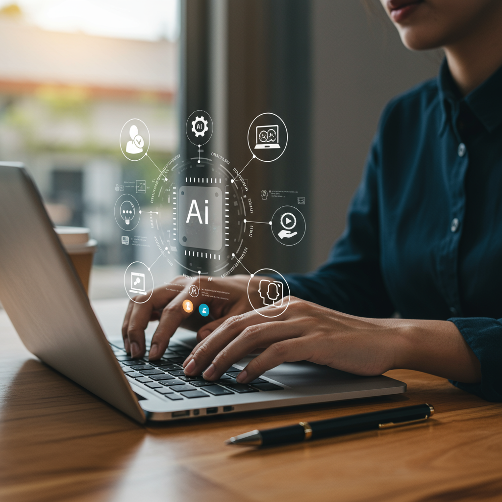 A small business owner using an intuitive AI content automation tool on a laptop, with icons representing ease of use, AI agents, and content creation around them, bright and friendly workspace