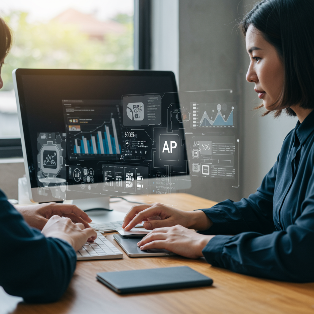 A small business marketing team using no-code AI automation tools on computers and tablets, with visual elements like drag-and-drop interfaces and AI modules in a modern office setting