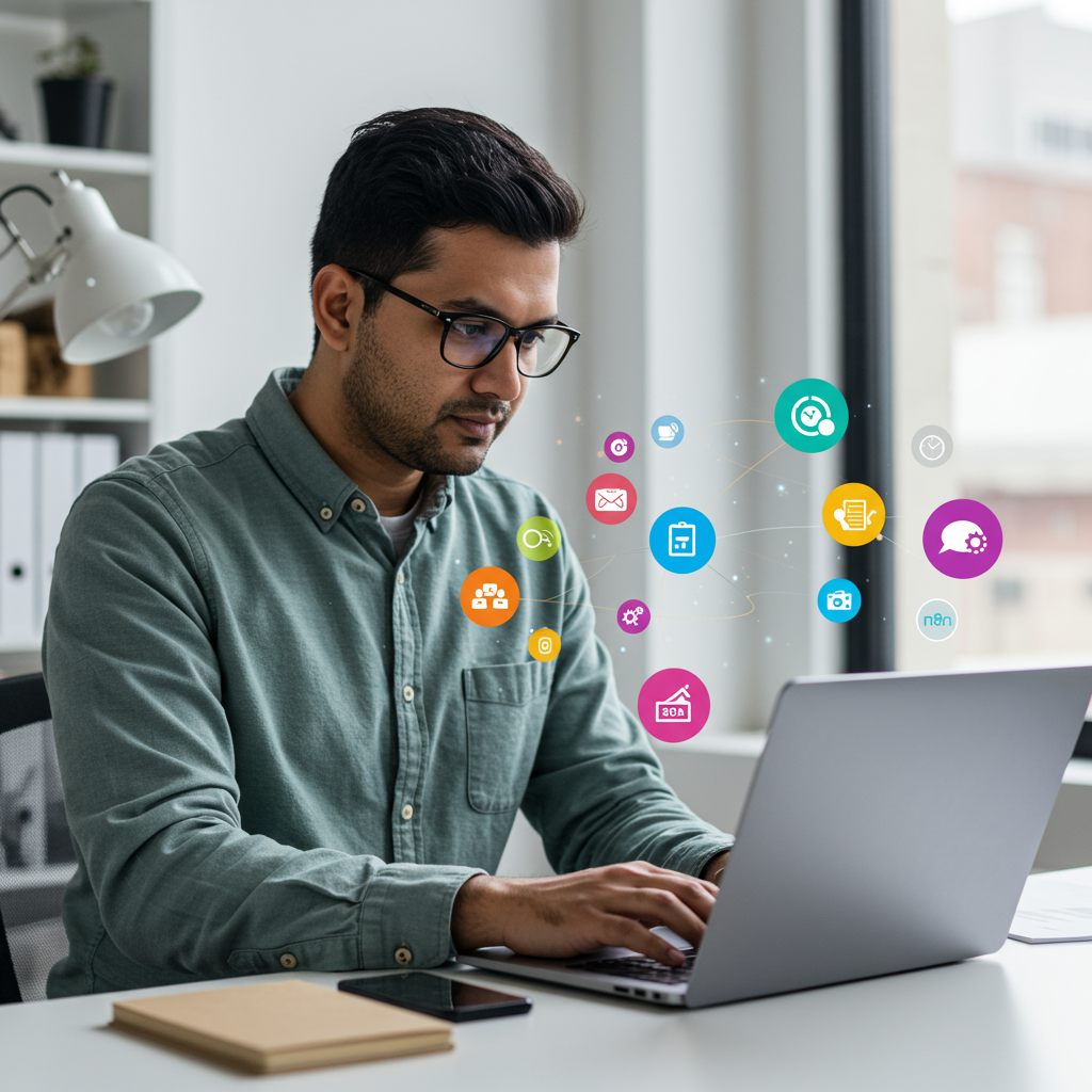 A small or medium business owner using n8n workflow automation on a laptop, surrounded by icons representing automation, efficiency, and no-code technology, modern office background