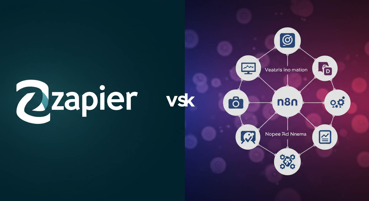 A split screen showing Zapier and n8n logos with a flowchart of AI automation connecting various apps, highlighting no-code AI automation platforms for SMBs and startups