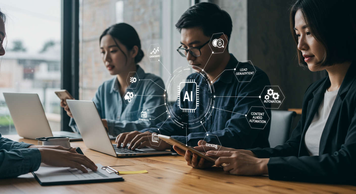 Diverse small business owners and startup entrepreneurs using AI technology for SEO and lead generation in a modern office setting