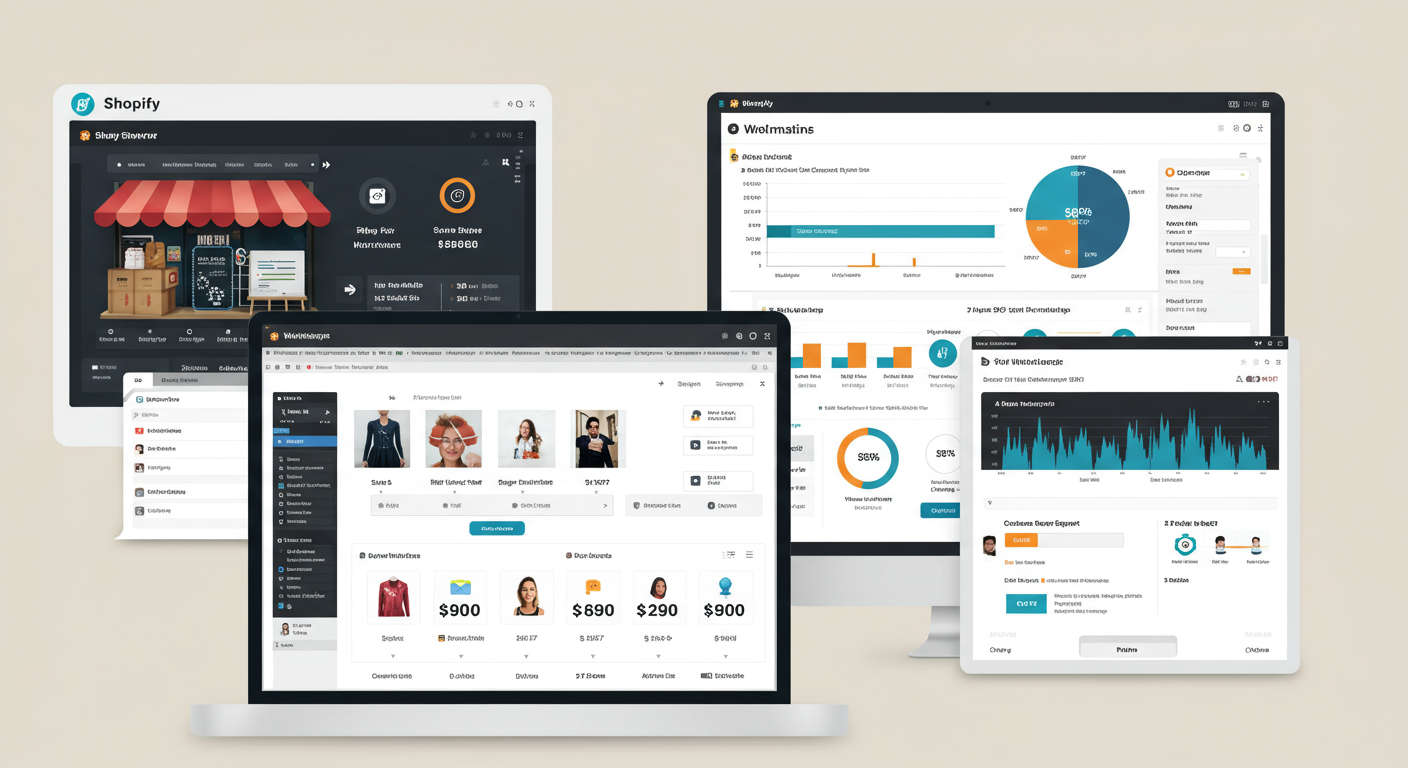 Shopify store and WordPress website dashboard showing AI automation workflows, product descriptions, SEO blog posts, and customer support automation in action