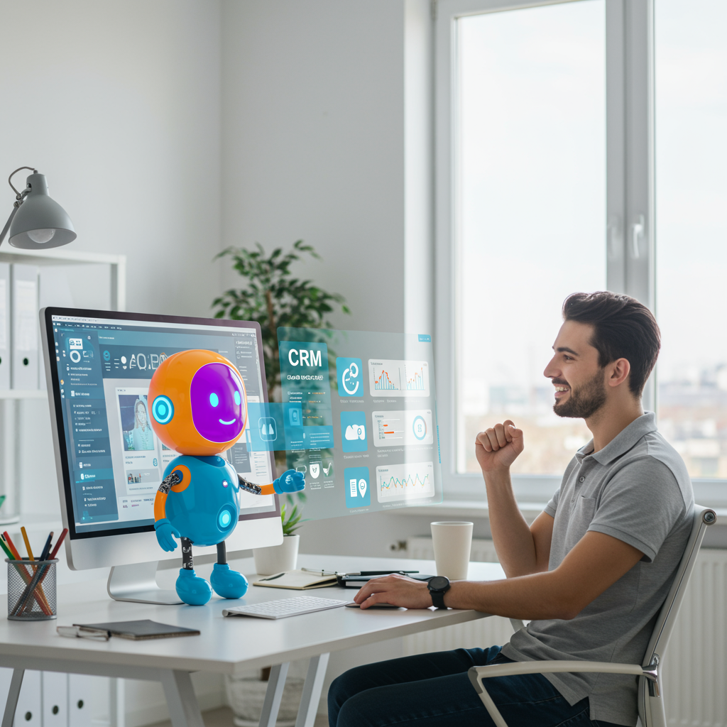 A friendly AI agent interacting with a CRM system on a computer screen, showing automation of sales and marketing tasks for small business owners in a modern office setting