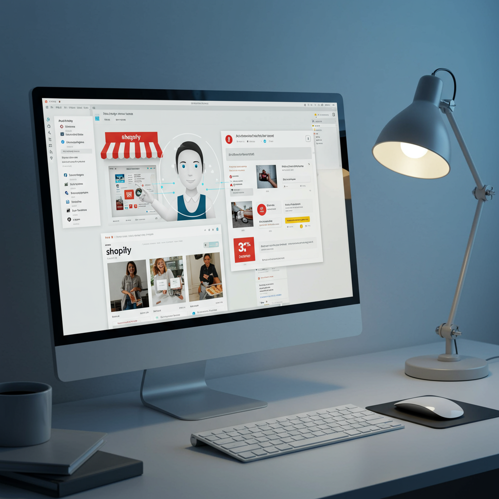 An AI agent interacting with a Shopify store interface on a computer screen, showing automated workflows and customer engagement features, in a sleek tech workspace