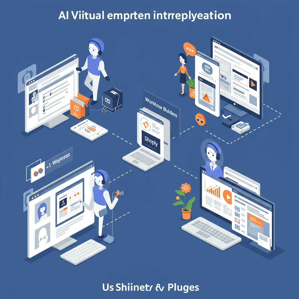 Integration of AI virtual employees with Shopify and WordPress platforms using no-code automation tools, showing plugins, workflow builders, and seamless marketing automation for SMEs