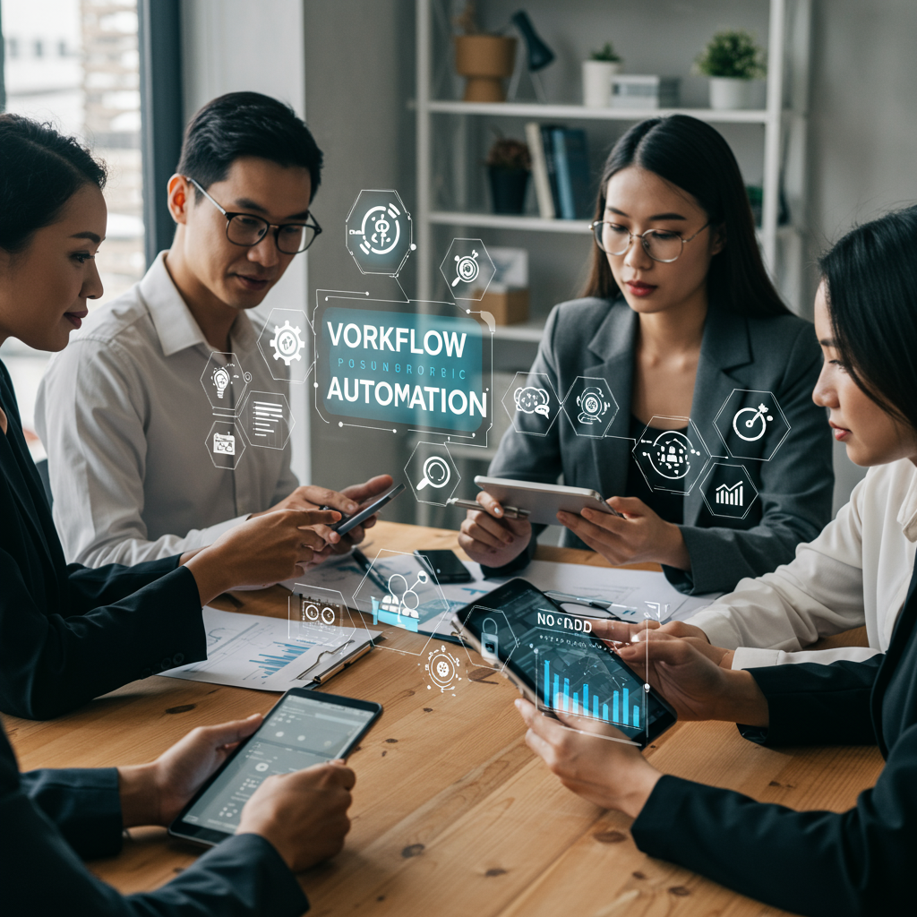 Small business owners collaborating with digital devices displaying no-code workflow automation tools in a modern office setting