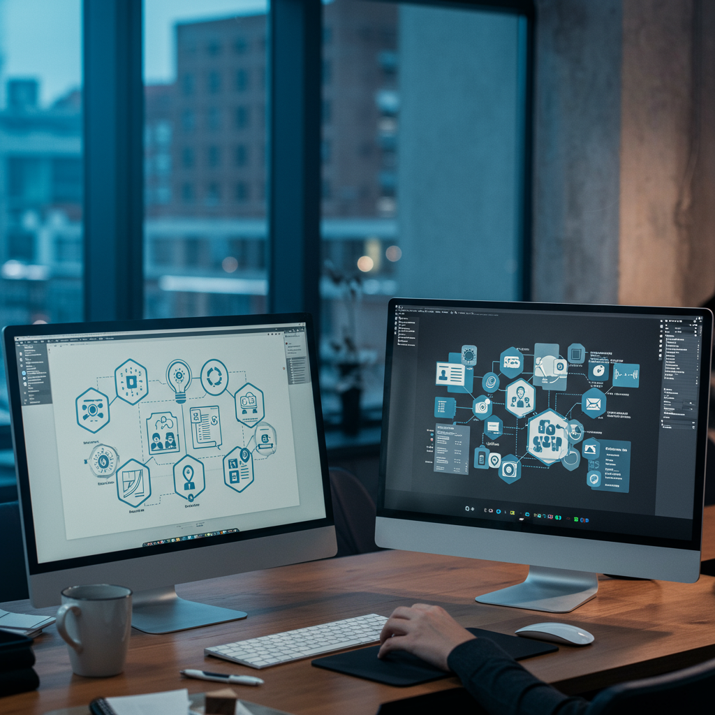 A comparison scene showing two workflow automation platforms on computer screens, one with AI-driven autonomous agents and the other with simple rule-based automation, highlighting ease of use and integration options for SMEs