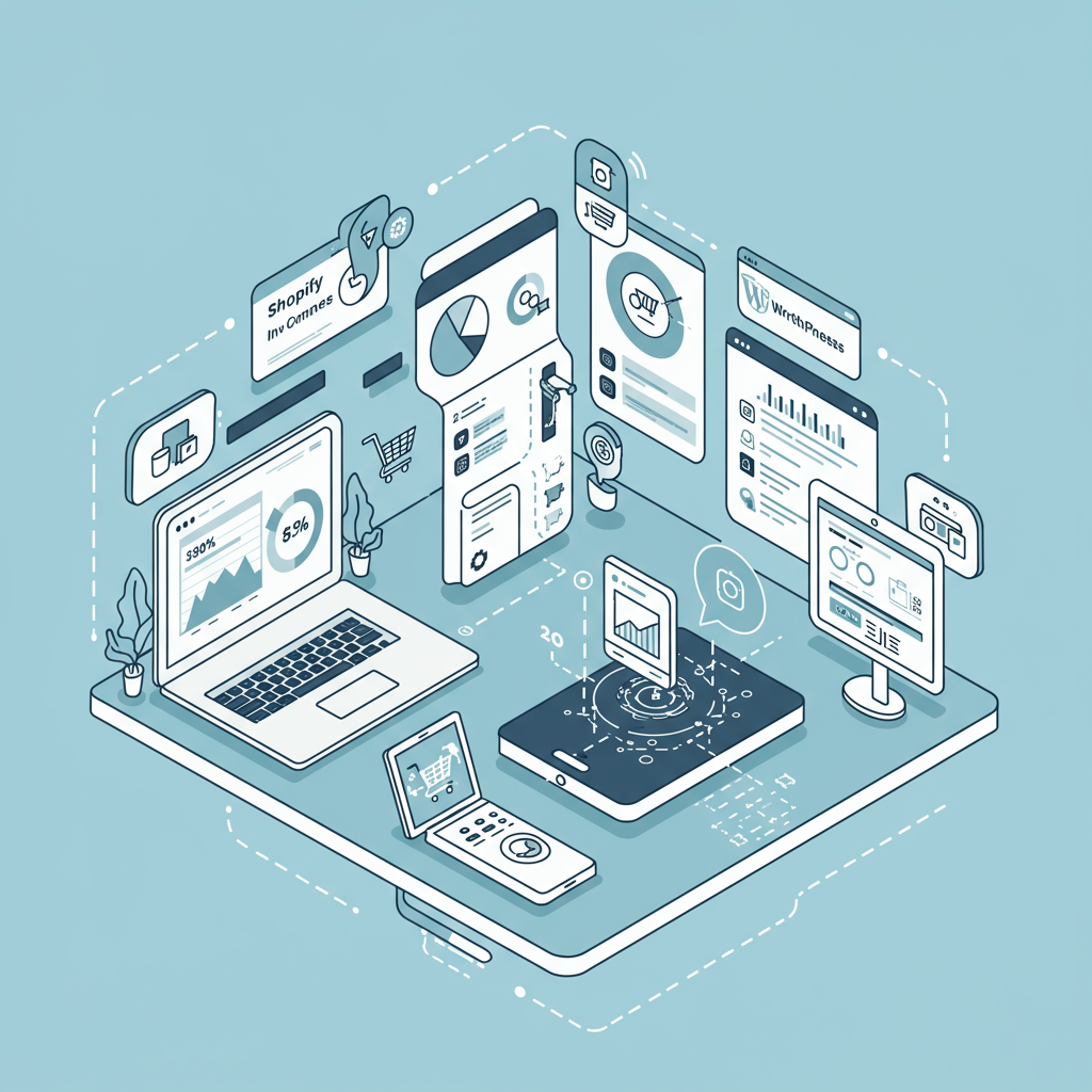 AI-powered inventory workflows showing stock level optimisation and automated reordering in an e-commerce environment, with visual elements representing Shopify and WordPress integration, futuristic and clean design