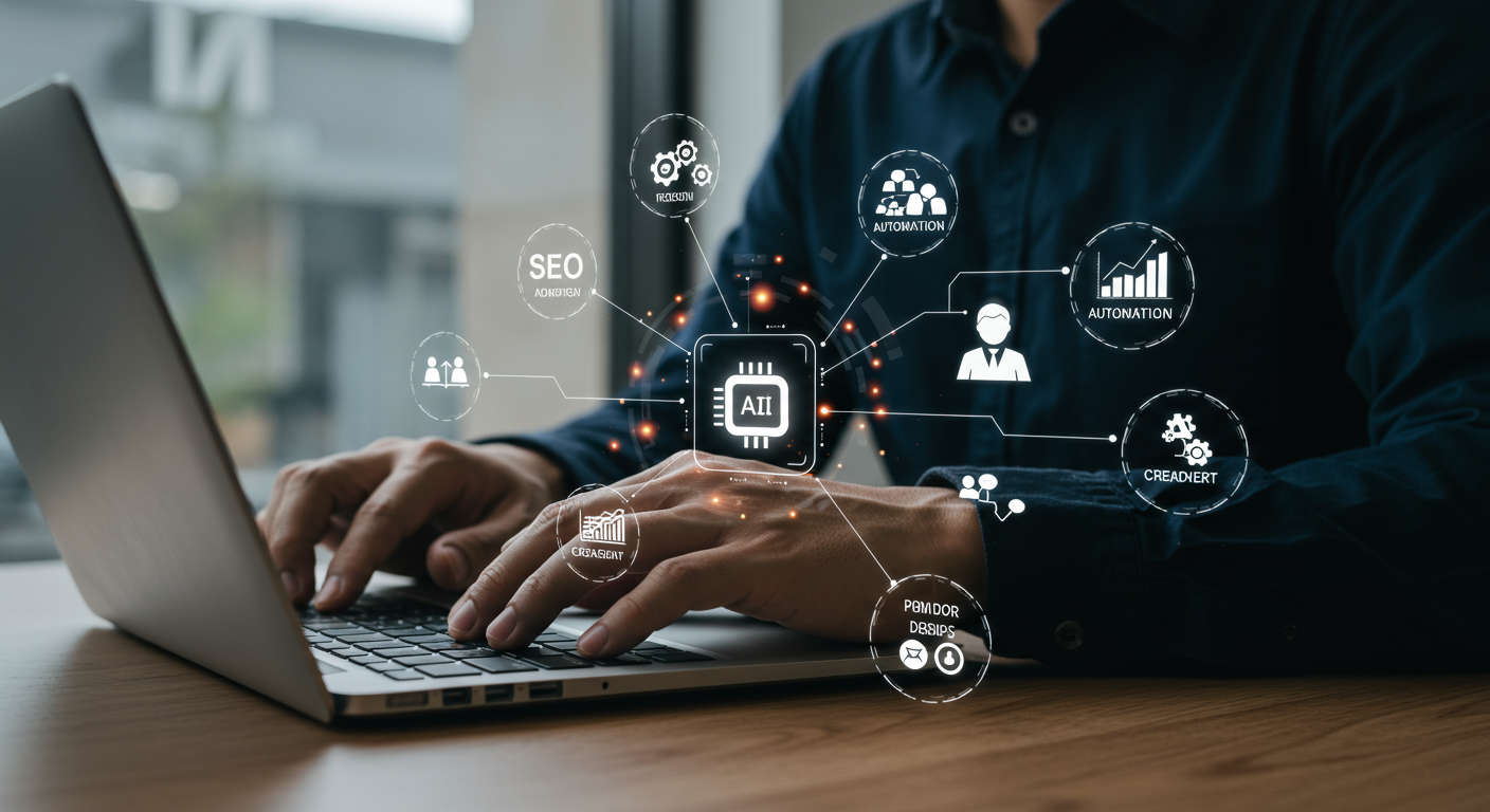 Small business owner using AI virtual employee on laptop, surrounded by icons representing automation, SEO content creation, lead generation, and workflow management, modern office setting