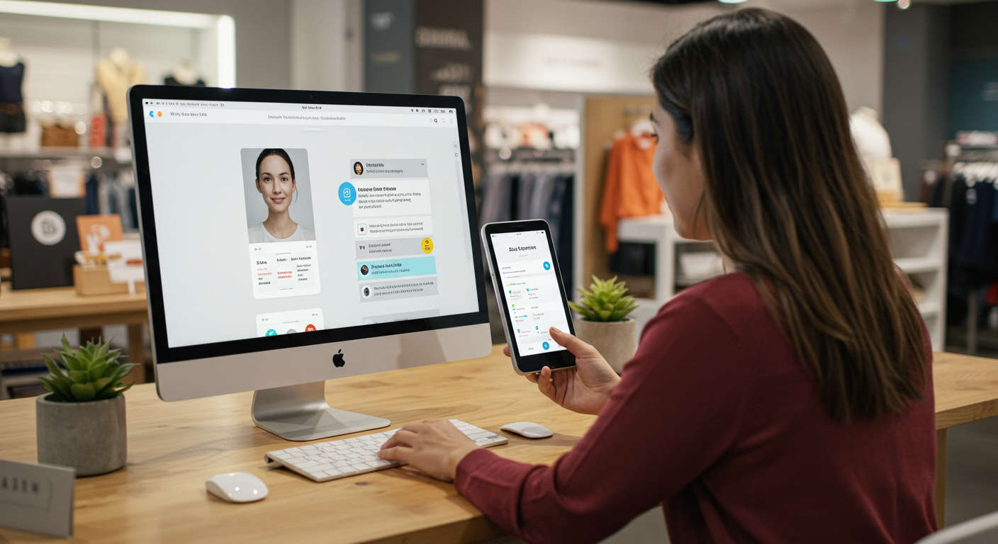 AI chatbot interacting with a customer on a Shopify store, showing personalised messaging and lead capture features in a modern e-commerce setting