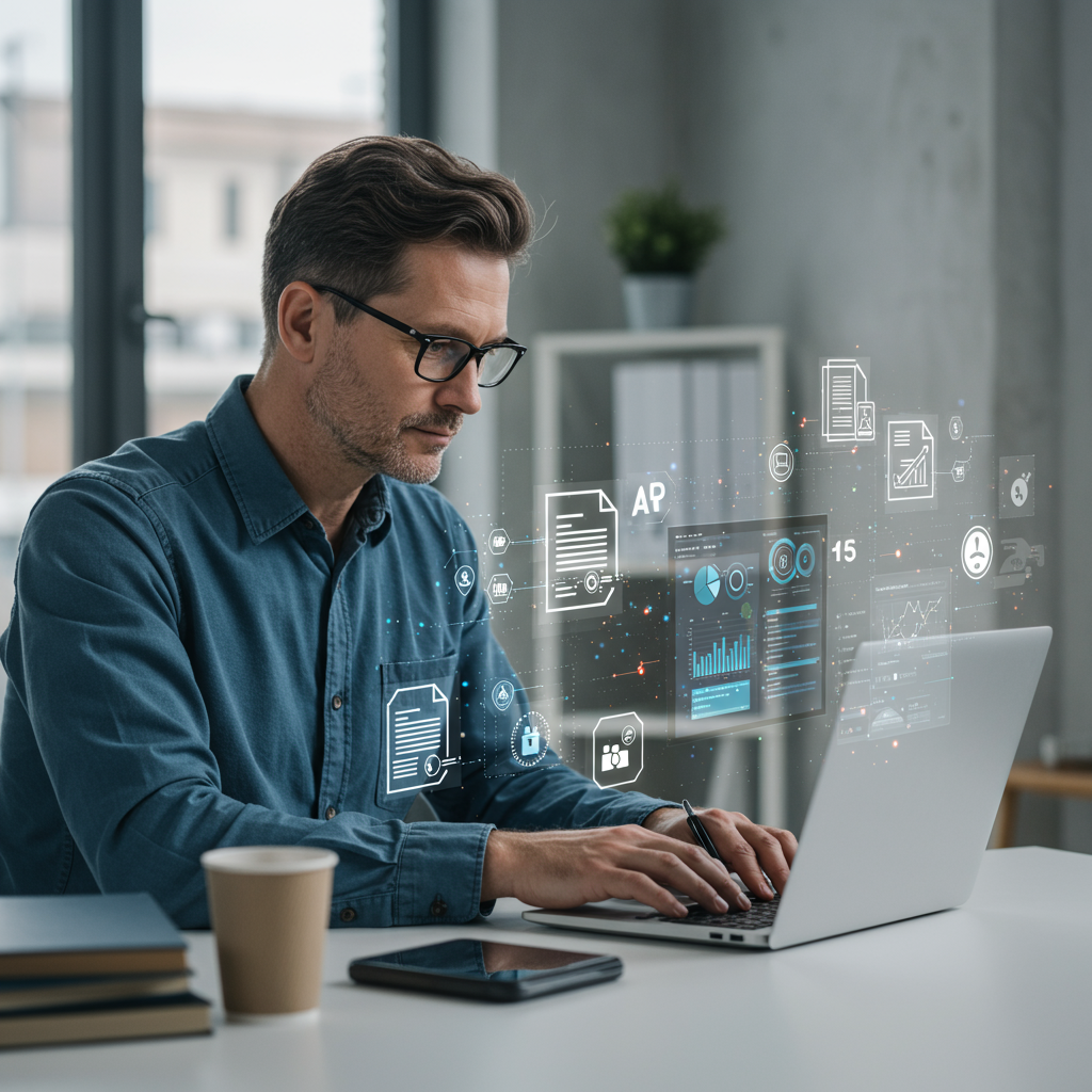 A small business owner using AI compliance automation software on a laptop, surrounded by icons representing regulatory documents, alerts, and data analytics, in a modern office setting