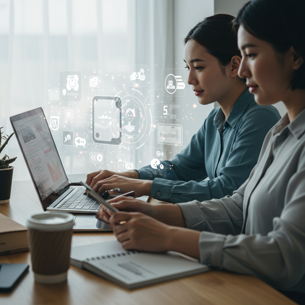 Diverse small business team using AI technology for content creation and marketing automation in a modern office with WordPress and Shopify integration elements