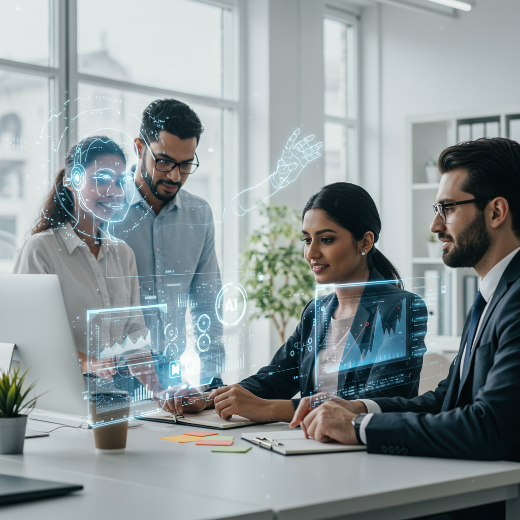 Hybrid human-AI team collaborating in a modern workspace, with AI agents assisting employees by automating tasks and enhancing productivity, showcasing teamwork and technology integration