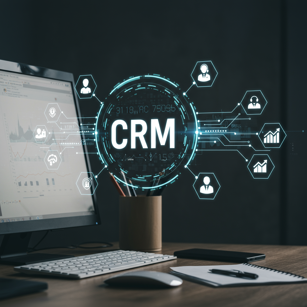 Small business office with CRM software and AI agent icons automating sales, marketing, and customer service tasks