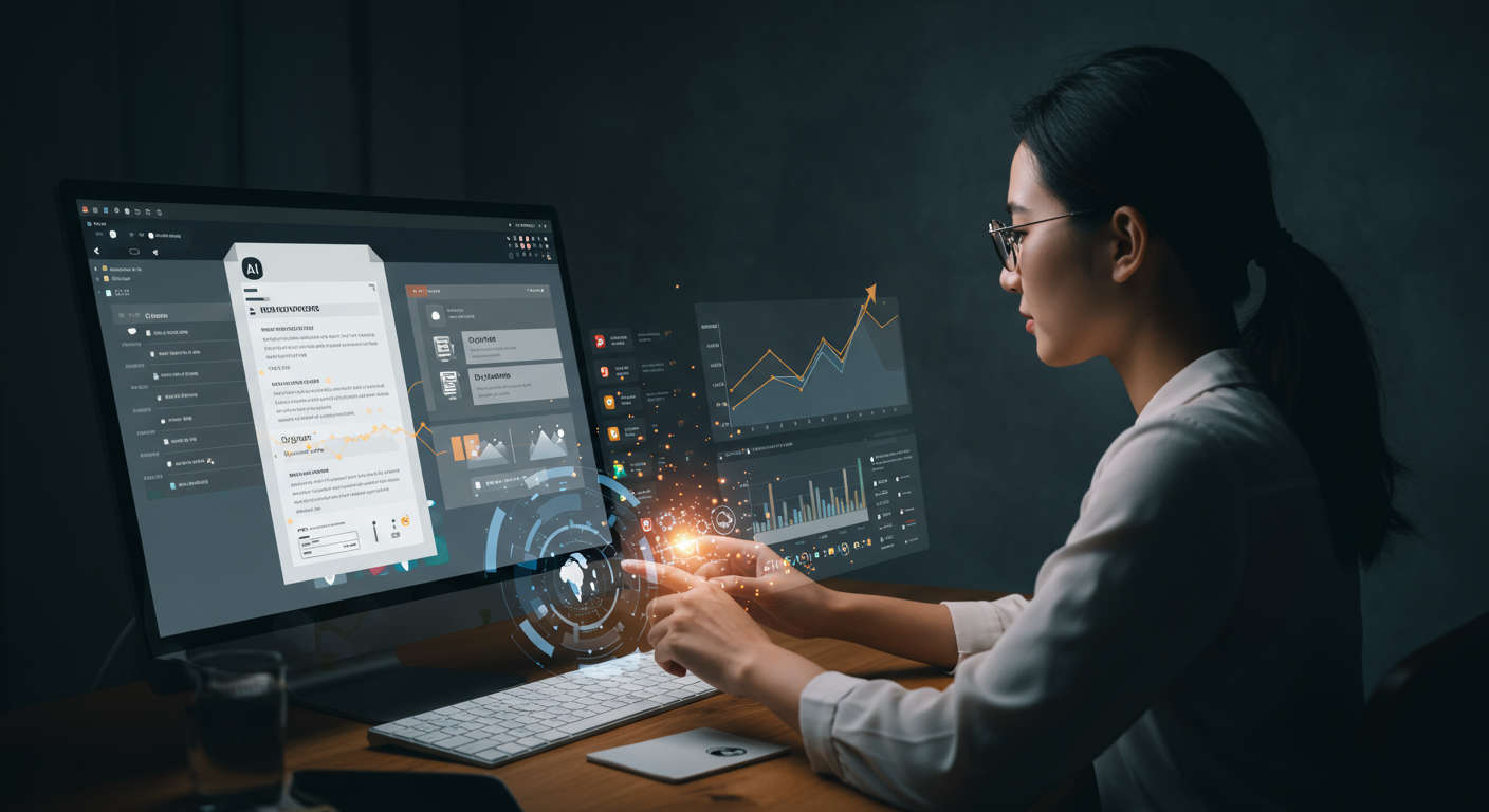 An AI-powered content marketing process showing a digital assistant drafting SEO blog posts, selecting images, integrating links, and scheduling social media shares on a computer screen, with a background of rising organic traffic charts