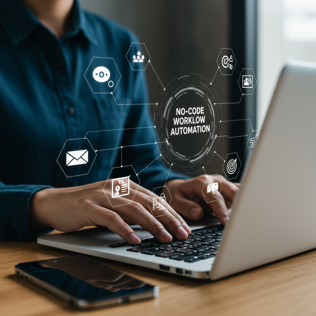 A small business owner using a no-code workflow automation tool on a laptop, surrounded by icons representing email marketing, data entry, and approval processes, symbolising increased productivity and efficiency