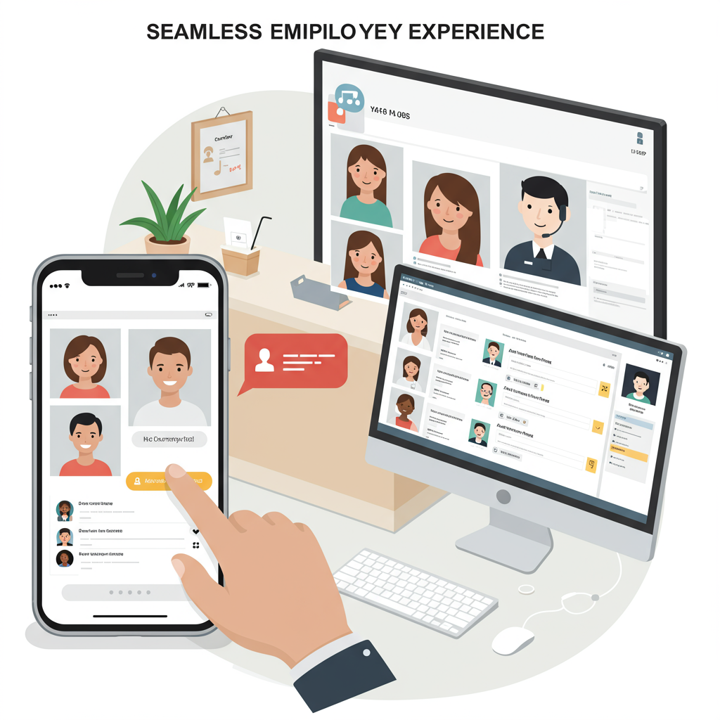 An AI virtual employee interacting with customers for appointment scheduling on a smartphone and computer, showing seamless communication and customer satisfaction in a small business environment