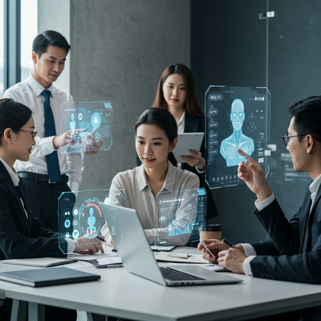 Diverse business people collaborating with futuristic AI digital interfaces and virtual agents in a modern office, symbolising no-code AI automation for SMEs.