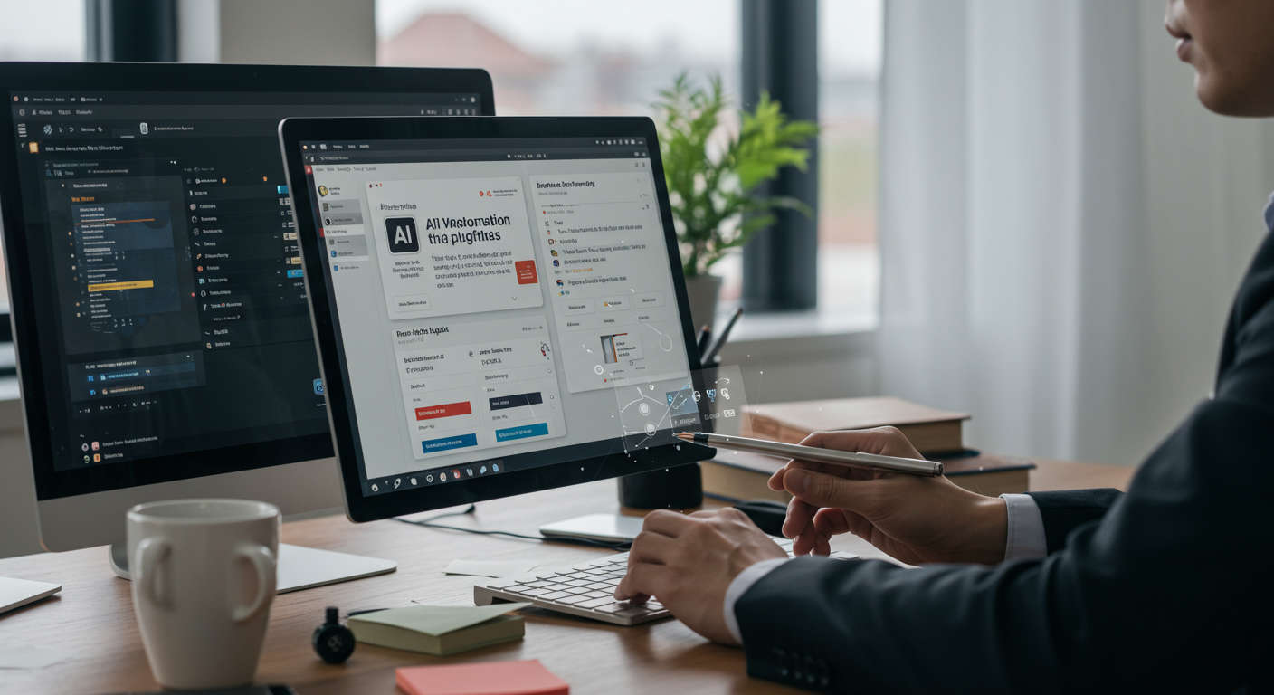 User integrating AI automation plugins on WordPress and Shopify platforms with a no-code setup in a vibrant professional workspace