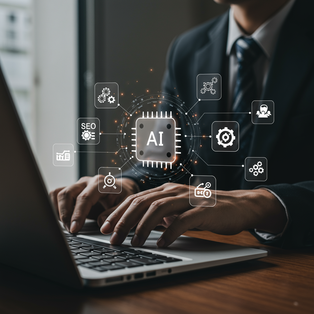 An AI virtual employee working on marketing content creation on a laptop, surrounded by icons representing SEO optimisation, content generation, and digital marketing tools, symbolising AI-driven content strategies integrated with workflow automation for SMEs