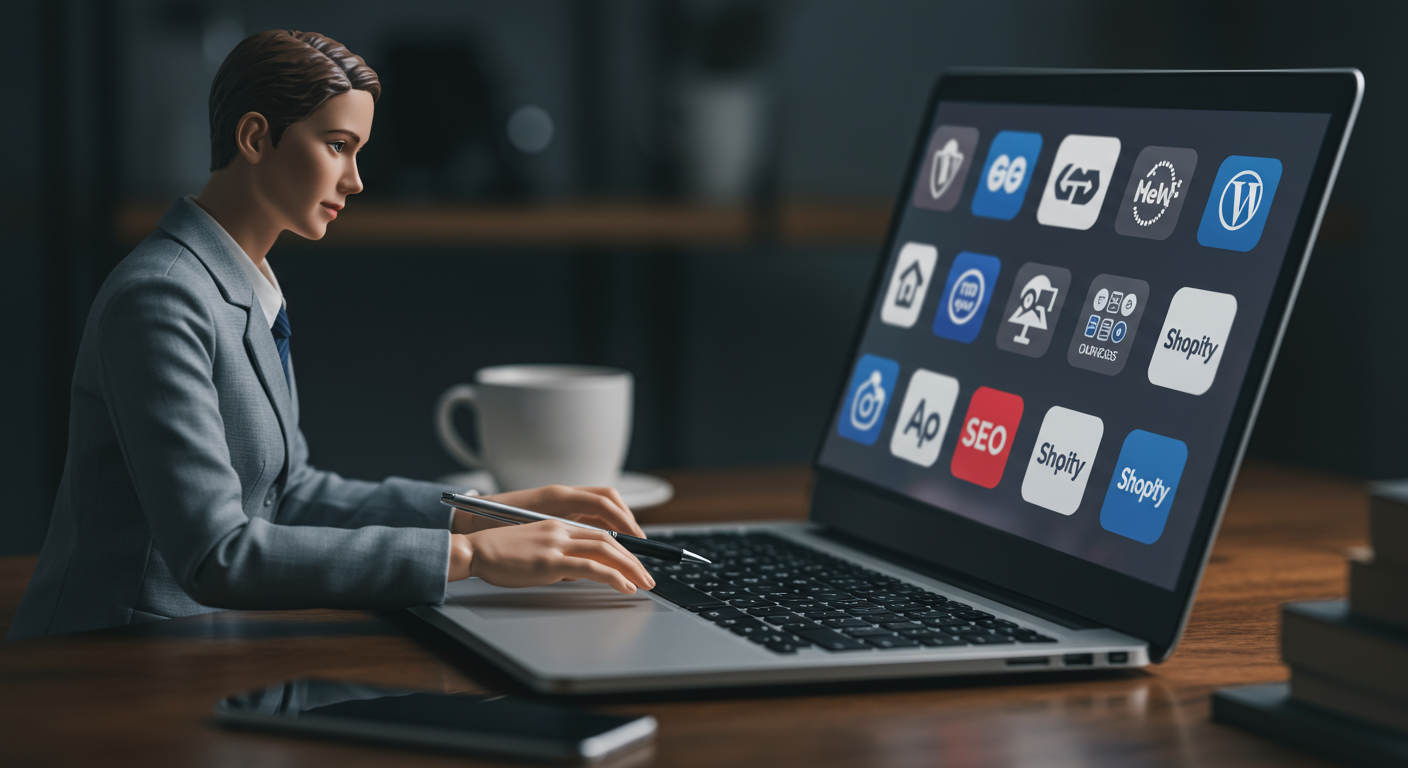 AI virtual employee working on a laptop with WordPress and Shopify logos, representing automation of daily SEO blog posts for small businesses and startups
