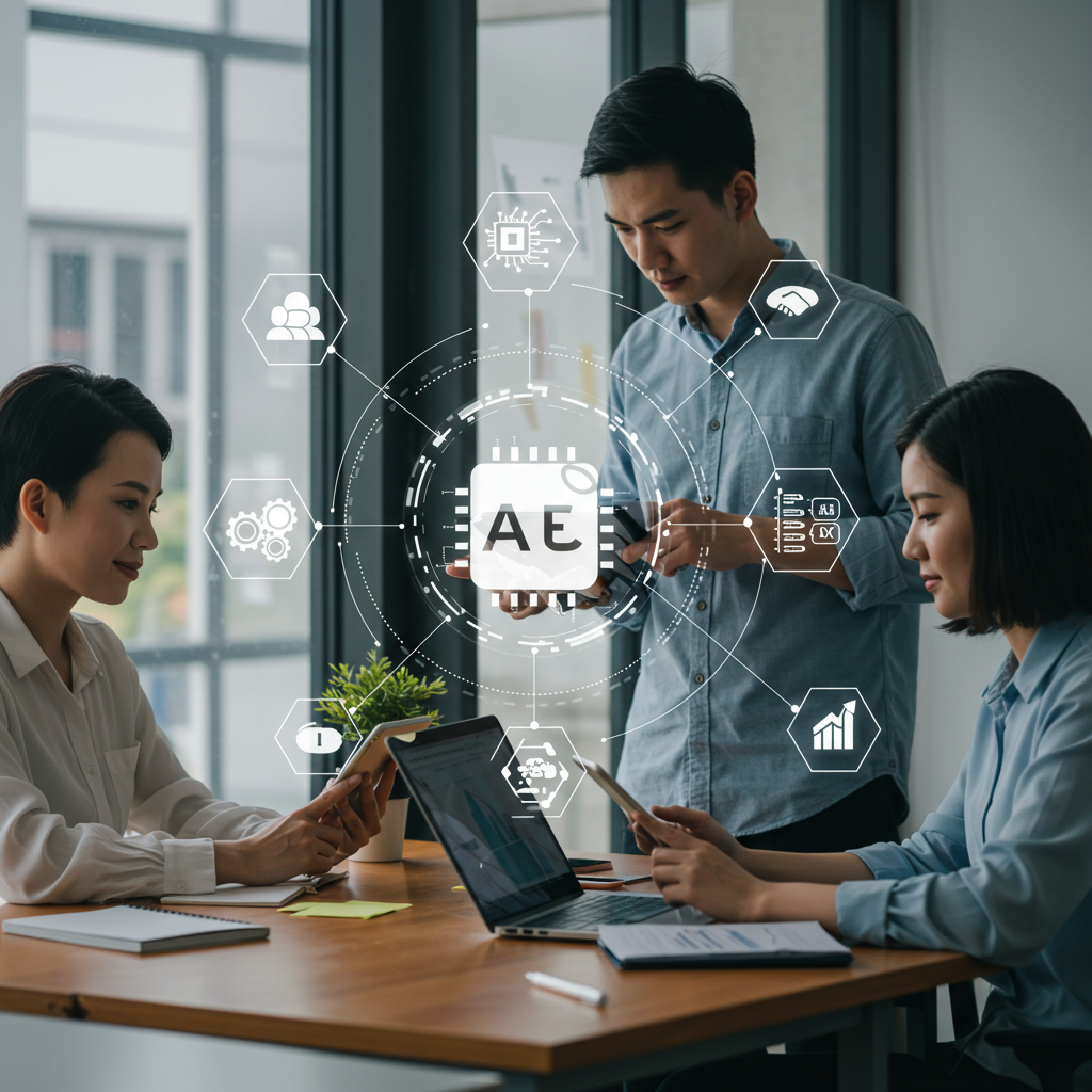 Diverse SME professionals collaborating in a modern office with digital devices and icons representing workflow automation and AI technology for business growth