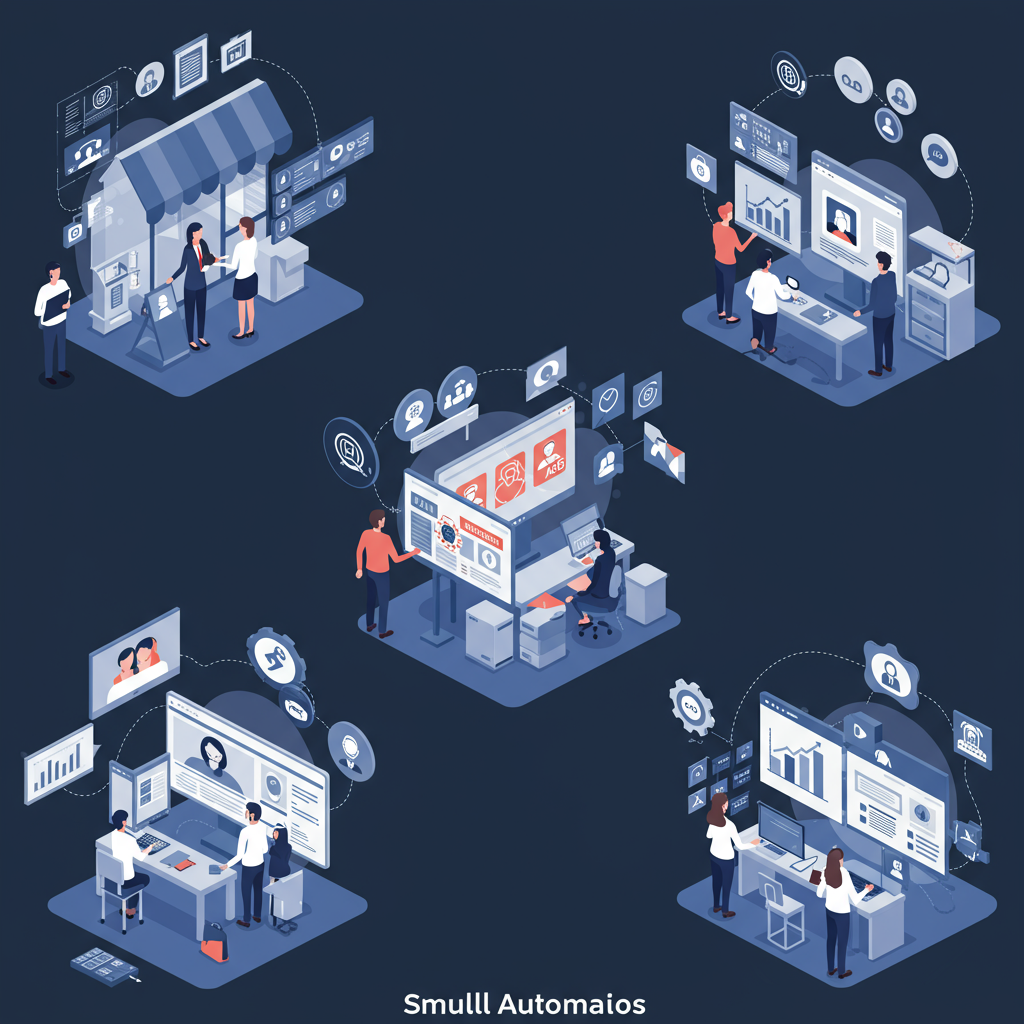 Diverse small and medium-sized enterprises benefiting from AI automation, showing sectors like retail, digital marketing, healthcare, and insurance with visual elements of AI virtual employees, automated content creation, and KPI dashboards