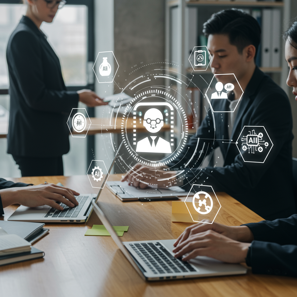 A modern small business office environment with diverse people using laptops and tablets, surrounded by digital AI icons and automation symbols, representing no-code AI agents helping to save time and cut costs.