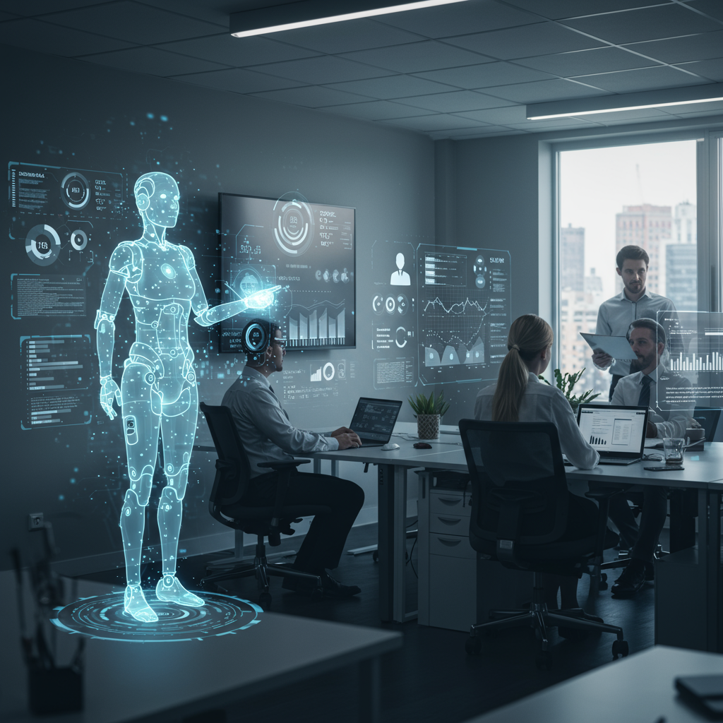 A professional SME office environment with AI virtual employees assisting staff with compliance tasks, showing digital interfaces and teamwork in a modern workspace