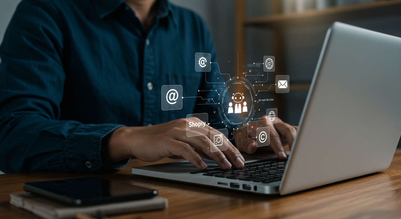 A small business owner using AI-powered lead generation tools on a laptop with WordPress and Shopify logos visible, surrounded by digital marketing icons like emails, chatbots, and analytics charts, symbolising automation and growth
