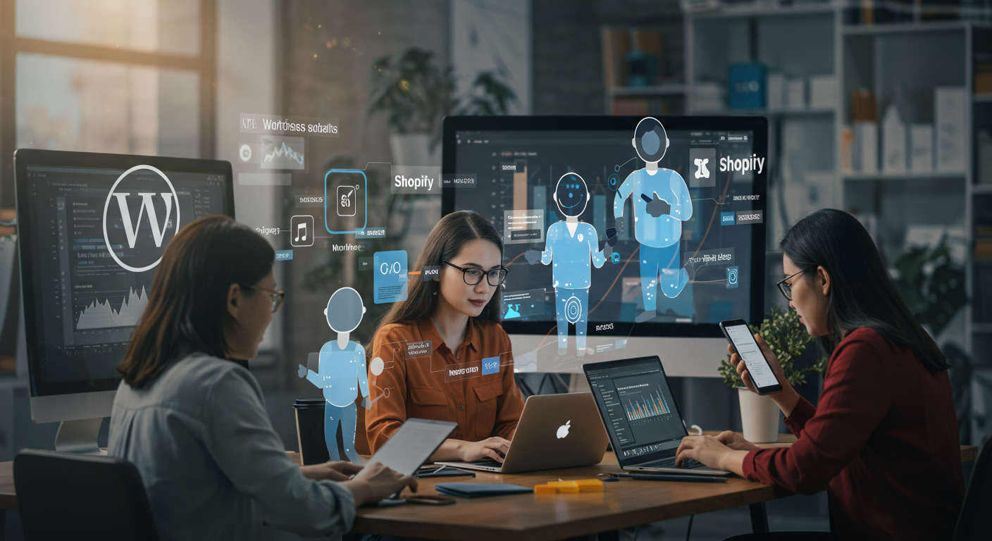Diverse small business owners and startup entrepreneurs collaborating with AI virtual employees on laptops, symbolising automated marketing growth with WordPress and Shopify integration.