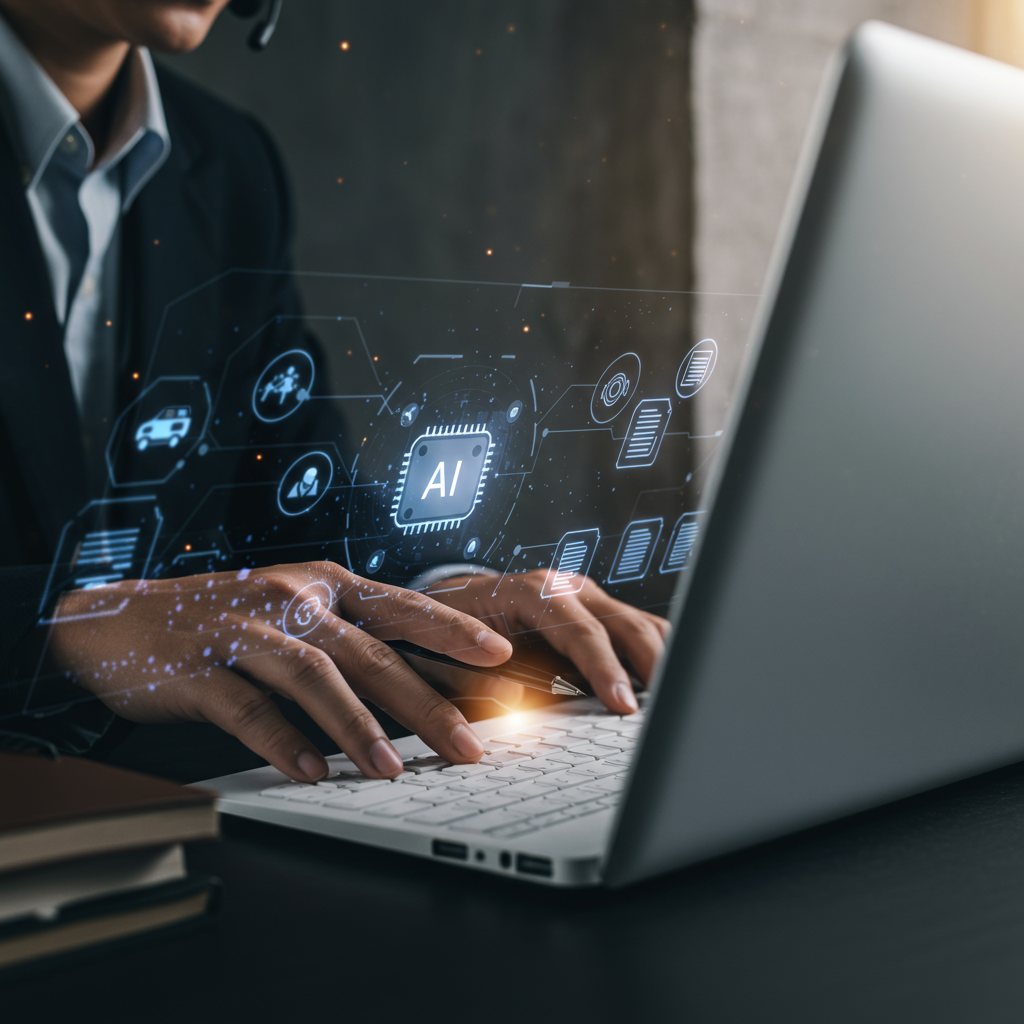 A business SME owner using AI agents on a computer screen to automate customer support, marketing copy review, and policy document analysis, showing a modern office environment with digital workflow automation visuals