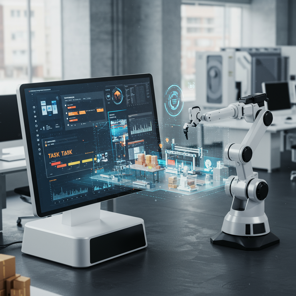 An AI-powered robotic system autonomously scheduling and automating workflows in a modern SME environment, with visual elements of task prioritisation, resource allocation, and dynamic scheduling
