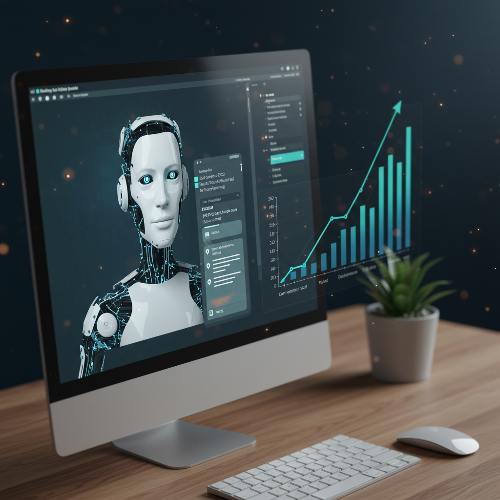 AI virtual employee autonomously creating and publishing SEO-optimised blog posts on a computer screen, organic traffic growth graph in background, digital marketing automation theme