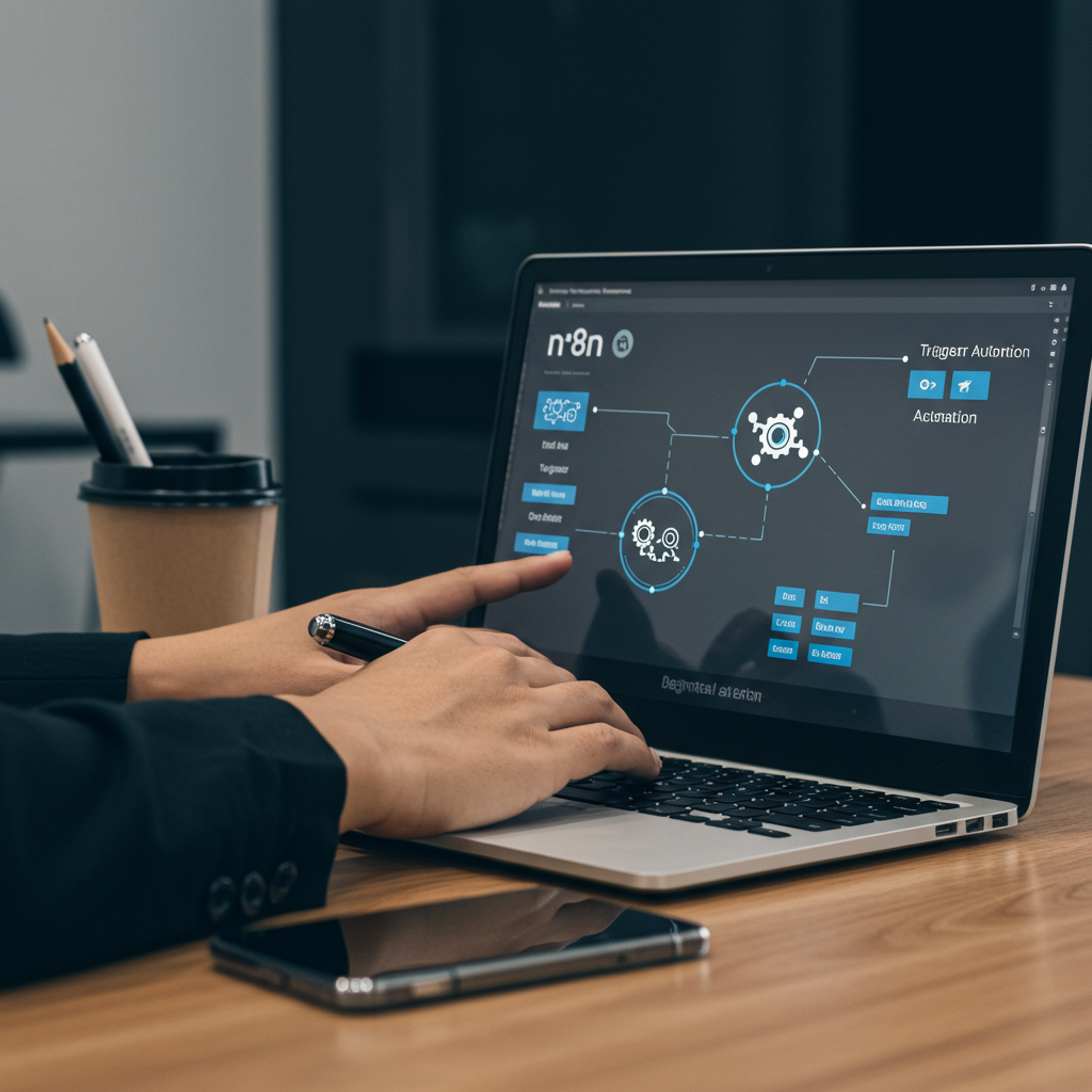 A beginner-friendly workspace showing a person setting up an n8n workflow automation on a laptop, with visual elements representing triggers, actions, and data mapping in a modern SME office environment