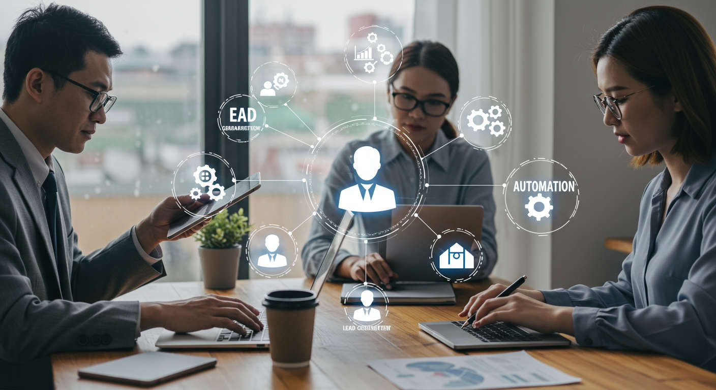 Diverse small business owners and startup founders using AI virtual employees on laptops and tablets, with icons representing lead generation, organic traffic growth, SEO, and automation in a modern professional setting
