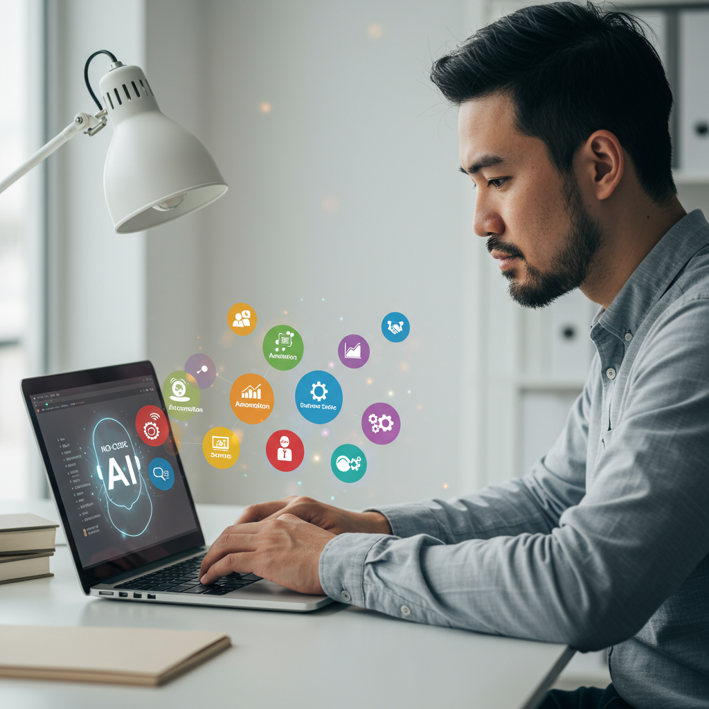A small business owner using a no-code AI agent on a laptop, surrounded by icons representing automation, customer service, and data analytics, in a modern office setting