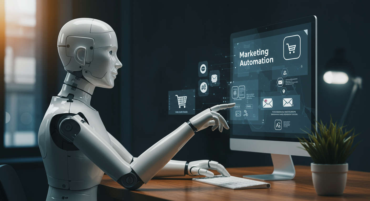 AI virtual employee working on Shopify marketing automation with digital interface showing SEO content creation and personalised customer interactions