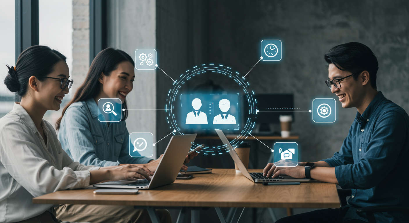 Small business owners and startup entrepreneurs working with AI virtual employees, surrounded by automation and integration icons in a modern office setting