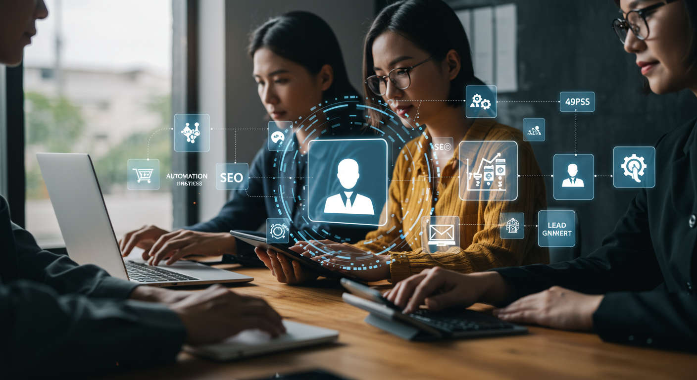 Diverse small business owners and startup founders using AI virtual employees for automation and growth in a modern office setting