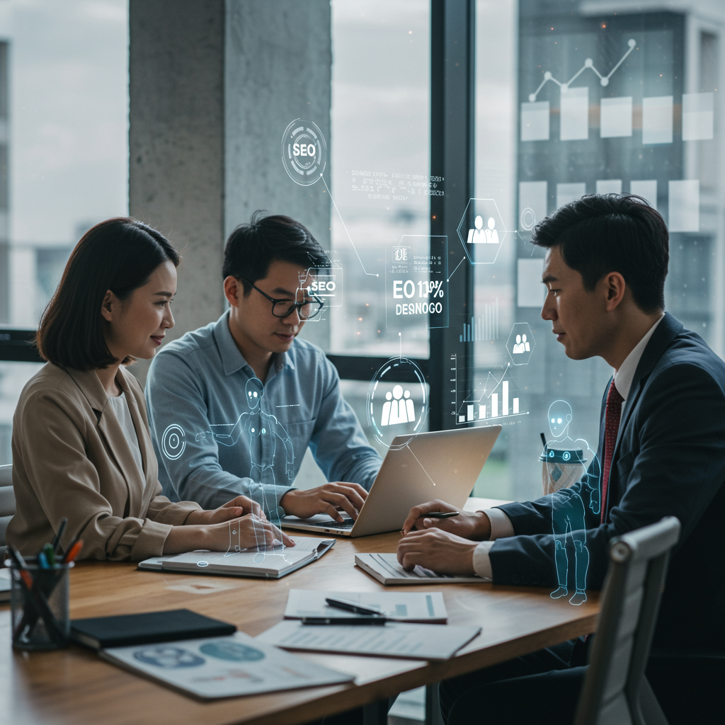 Diverse small business owners collaborating with AI agents in a modern office, with digital graphs and automation icons symbolising AI-driven SME growth and productivity