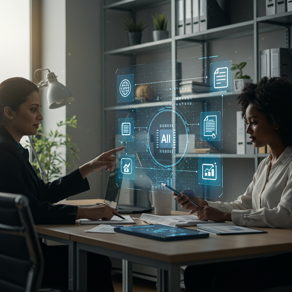 A small business office environment with AI technology automating compliance tasks, showing digital documents and data flow, representing AI compliance automation for SMEs